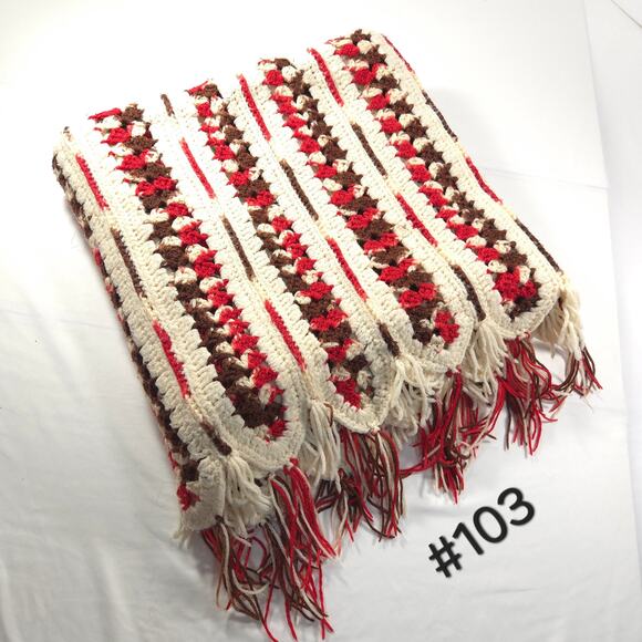 Vintage Handmade Afghan Blanket Crochet Knit Stiped 51x64 Brown Cream - Picture 1 of 6